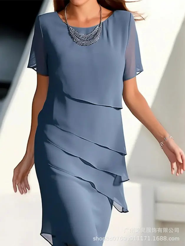 European and American Cross-Border Amazon Wish Export Women's Pure Color Short-Sleeved Glitter Ruffled Round Collar Casual Dress Nexacart