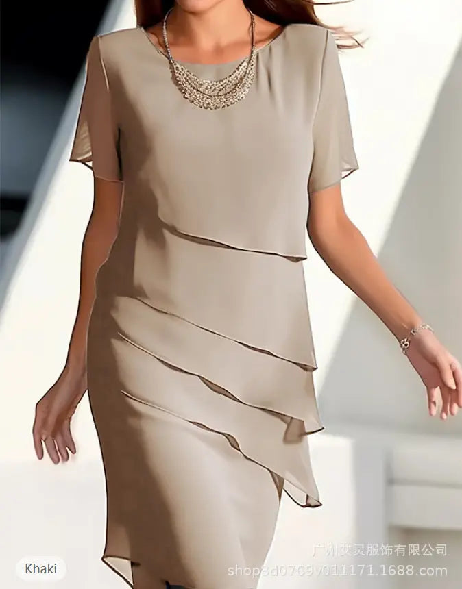 European and American Cross-Border Amazon Wish Export Women's Pure Color Short-Sleeved Glitter Ruffled Round Collar Casual Dress Nexacart
