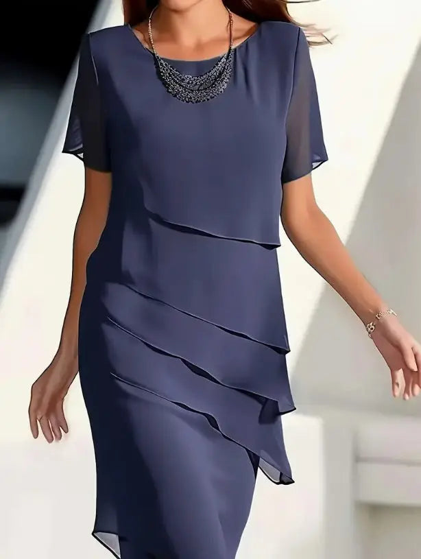 European and American Cross-Border Amazon Wish Export Women's Pure Color Short-Sleeved Glitter Ruffled Round Collar Casual Dress Nexacart