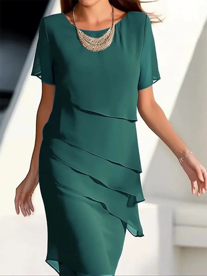 European and American Cross-Border Amazon Wish Export Women's Pure Color Short-Sleeved Glitter Ruffled Round Collar Casual Dress Nexacart