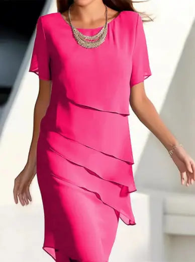 European and American Cross-Border Amazon Wish Export Women's Pure Color Short-Sleeved Glitter Ruffled Round Collar Casual Dress Nexacart