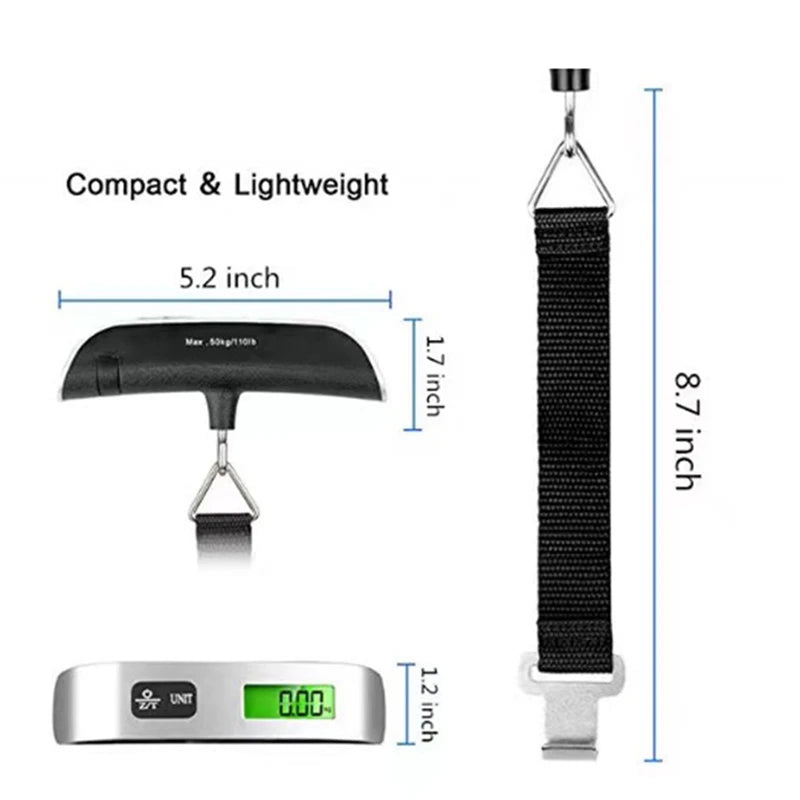 Diagram of digital luggage scale parts: triangle ring, battery slot, webbing belt and hook