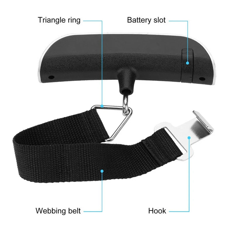 Digital luggage scale specifications: CR2032 battery, on/off and tare functions