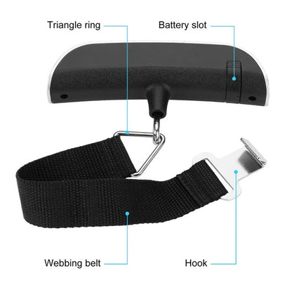 Digital luggage scale specifications: CR2032 battery, on/off and tare functions